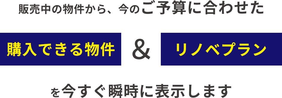 現在販売中の物件の中からあなたの今のご予算に合わせたお支払で購入できる物件とリノベーションプランを今すぐ瞬時に表示します。